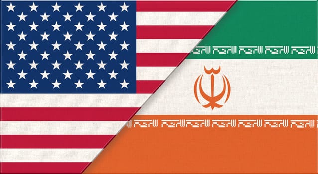 Flags of USA and Iran. American and Iranian national flags on fabric surface. Flag of USA and Iran - 3D illustration. diplomatic relations two countries. American and Iranian relations