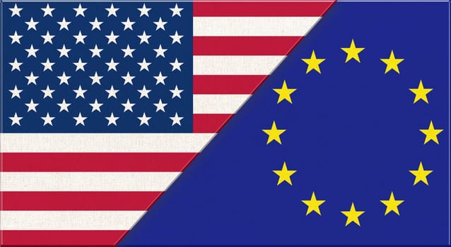 Flag of USA and European Union. American and EU flags on fabric texture. European and American flags