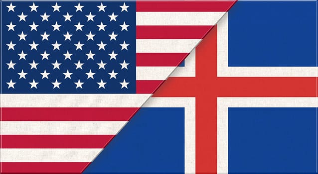 Flag of USA and Iceland. American and Icelandic flags on fabric texture. European and American flags. US and Iceland flags. Political concept. Friendship of USA and Iceland