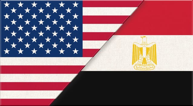 Flags of USA and Egypt. American and Egyptian national flags on fabric surface. Flag of USA and Egypt - 3D illustration. diplomatic relations between two countries. American and African countries