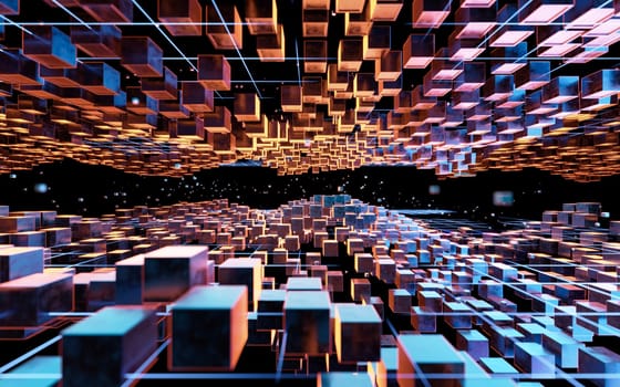 Cubic cyberpunk space, conceptual geometry background, 3d rendering. Computer digital drawing.