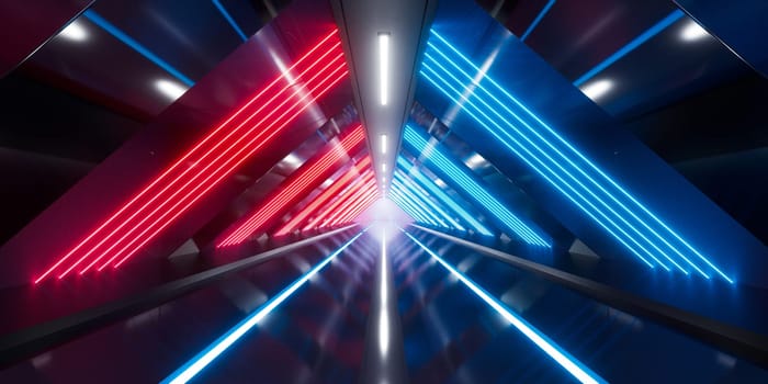 Dark tunnel with glowing light illuminated, 3d rendering. Digital drawing.