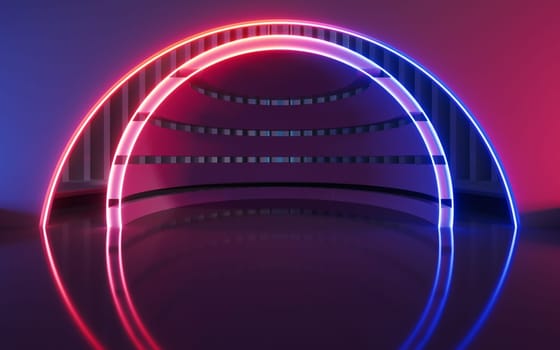 Dark room with glowing neon lines, 3d rendering. Computer digital drawing.