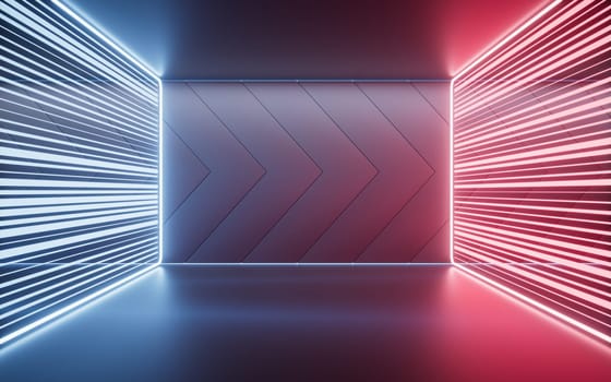 Dark room with neon lines effect, 3d rendering.