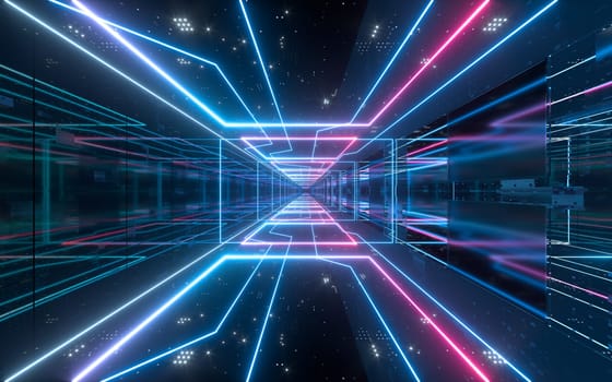 Dark tunnel with glowing neon lines, 3d rendering. Computer digital drawing.