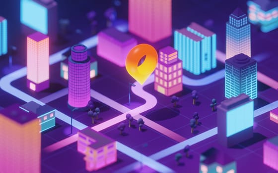 Downtown district with location maker, 3d rendering. Computer digital drawing.
