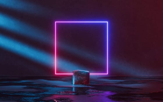 Glowing neon lines and rough rock, 3d rendering.