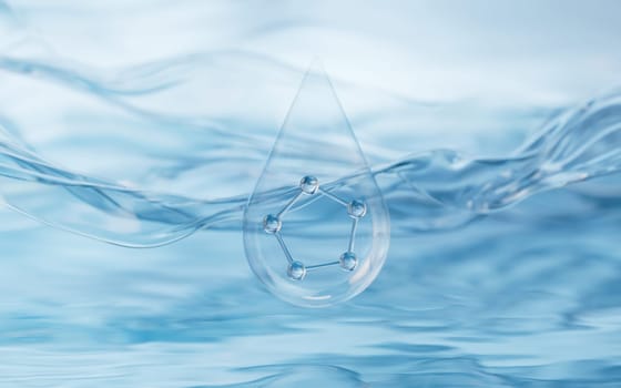 Molecule with water surface background, 3d rendering.