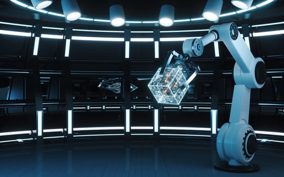 Mechanical arm and cube in a round room, 3d rendering. Computer digital drawing.