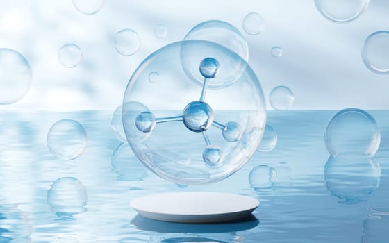 Molecule with water surface background, 3d rendering. Computer digital drawing.
