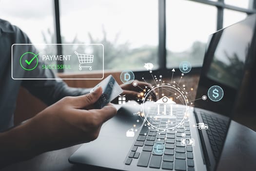 Effortless online shopping with wallet app and credit card. Woman uses laptop computer to purchase goods with secure money transfer technology.