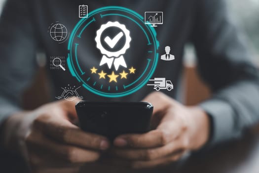 Internet security and assurance of quality in business. ISO certification and document management system present. Business people present in cyberspace.