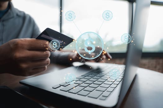 Secure and convenient money transfer with wallet app technology. Woman uses laptop computer to pay for goods online with credit card icon.
