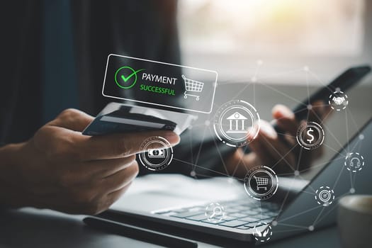Man holding smartphone and credit card, shopping online. Happy female customer making a purchase in the internet store. E-commerce and digital payment concept