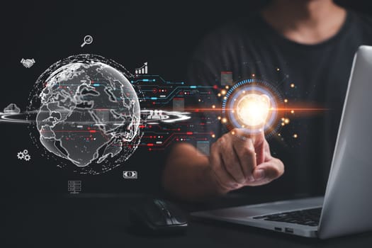Man's hand holding virtual Global Internet connection in the metaverse. Business technology and digital marketing. Financial and banking solutions. Digital link tech and big data.