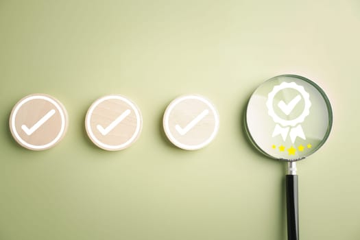 Certification and ISO quality concept depicted with magnifying glass showcasing aligned icon symbolizing quality assurance certificate. Organization must have certificate for confidence good service.