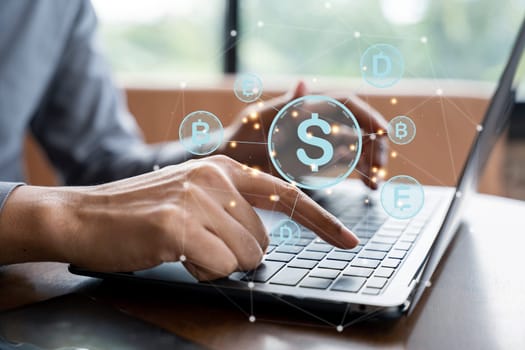 Online shopping made easy with digital wallet technology. Woman completes payment with credit card through laptop app. Banking and e-commerce made simple. Digital money transfer