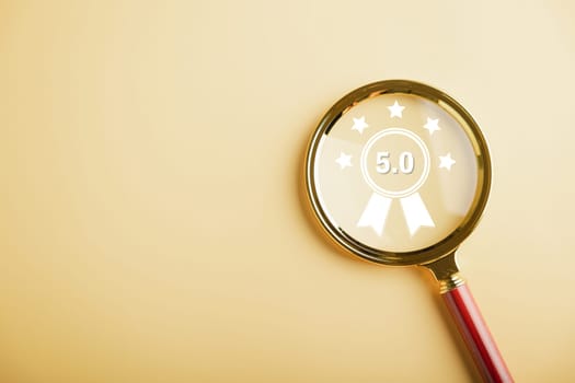 Magnifier glass focuses on five stars icon for customer rating service. Satisfaction evaluation survey and review. Excellent rating. User provides feedback for good business network score.