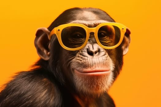 Add some personality to your designs with this unique monkey in glasses and a polka dot tie. A close-up portrait with eyes full of character. AI Generative.