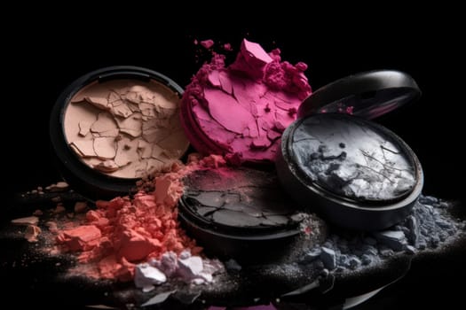 Crashed makeup powder and eyeshadow with brush as sample of cosmetic product on white background. Generative AI.