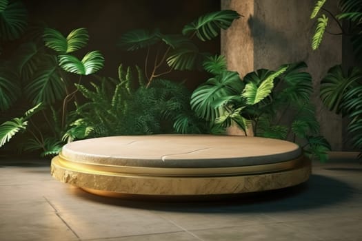 Rejuvenate your soul with the tranquil scenery of a tropical stone platform and palm trees in the background. AI Generative.
