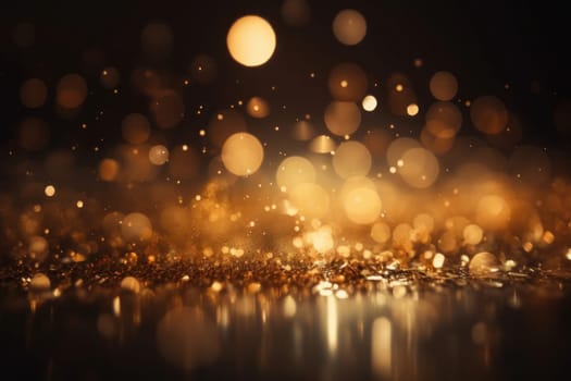 Golden glitter particles on a dark backdrop with bokeh lights and flying metallic particles. Festive decoration for luxury party and celebration. AI Generative.