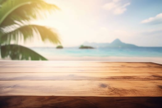 A wooden table set against a stunning ocean horizon, providing a serene and relaxing atmosphere. Generative AI.