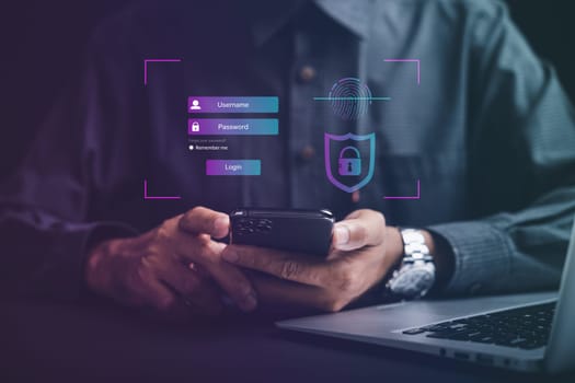 Access personal financial data with futuristic biometric fingerprint scanner on smartphone. Surveillance and security scanning cyber applications. Embrace the future of identity protection.