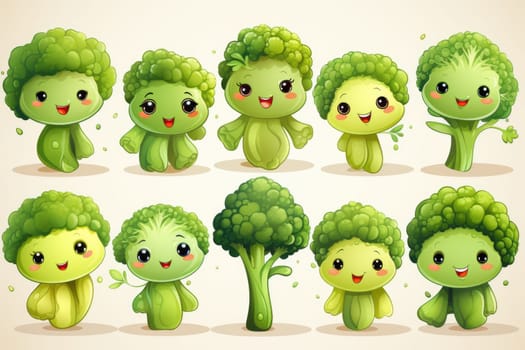 Cartoon broccoli with happy faces on a white background. Generative AI