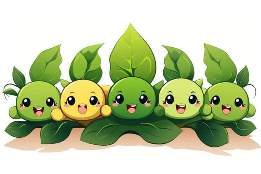 Cartoon pea pod with happy faces on a white background. Generative AI