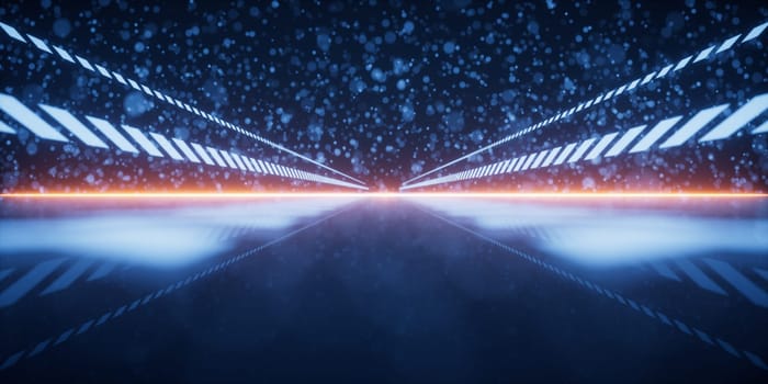 Racing track with glowing particles background, 3d rendering. Digital drawing.