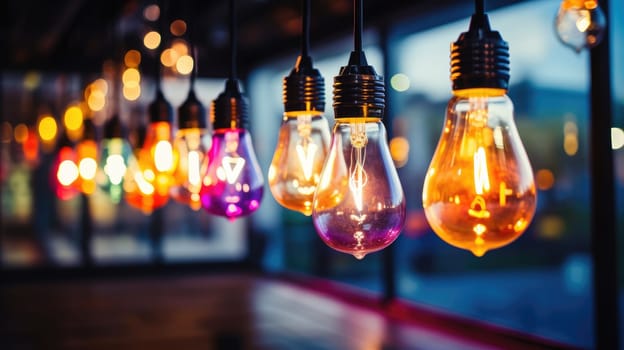 Decorative antique light bulbs in a row with bokeh and colorful style. Generative AI