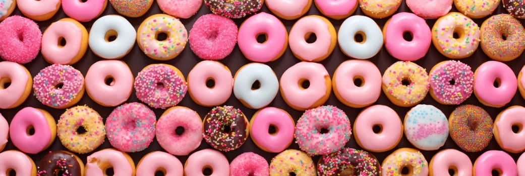 Top view of many colorful pink sweet delicious donuts. Generative AI