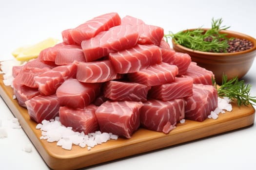 Tasty sashimi pieces of fresh raw tuna. Generative AI