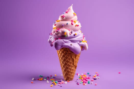 Colorful ice cream cone on purple background. Generative AI