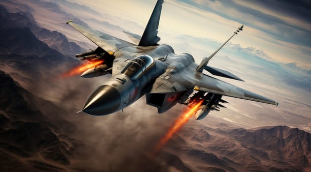Flying military fighter jet in combat. Generative AI