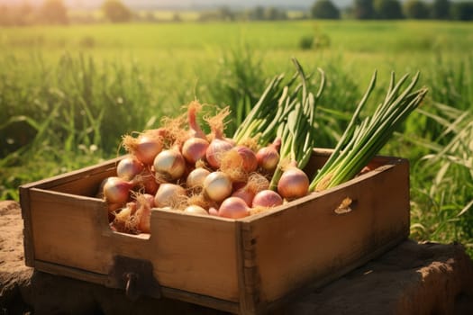 A wooden box full of onions on a green field. Generative AI