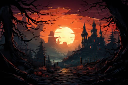 Halloween haunted house. Spooky illustration. Generative AI