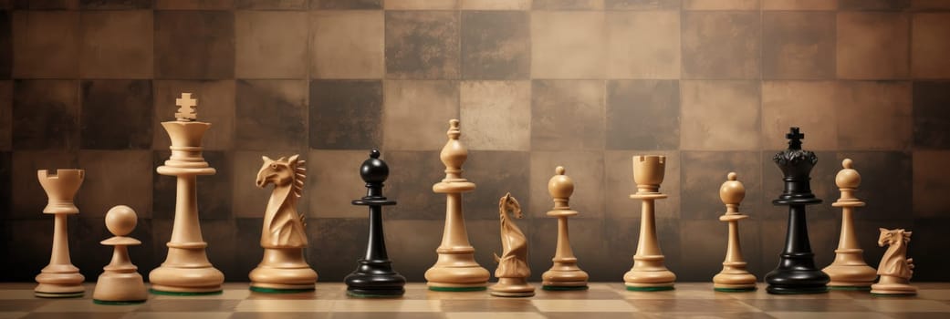 Checkerboard squares with chess pieces for backdrop. Generative AI