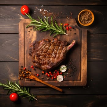 Grilled meat barbecue steak on wooden cutting board with rosemary and copy space. Generative AI