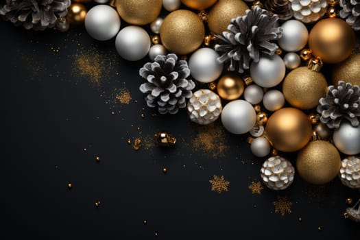 Christmas decoration with pine cones. Christmas background with space for text. Generative AI