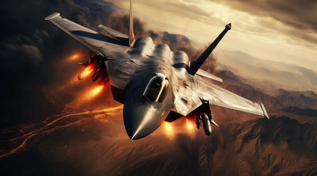 Flying military fighter jet in combat. Generative AI