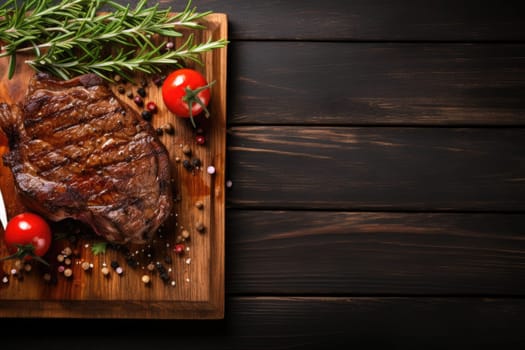 Grilled meat barbecue steak on wooden cutting board with rosemary and copy space. Generative AI