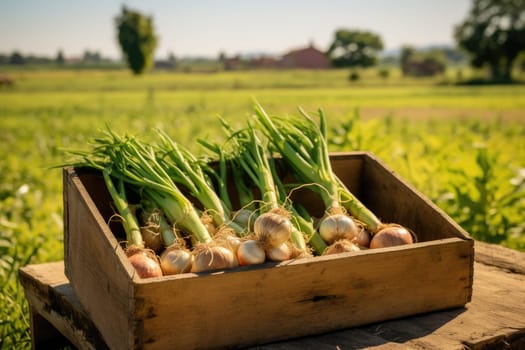 A wooden box full of onions on a green field. Generative AI