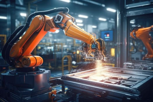 Robotic arm for electronic assembly line. Smart modern factory automation using advanced machines. Generative AI