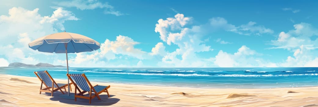 Beach chairs and umbrella on a white sandy beach. Generative AI