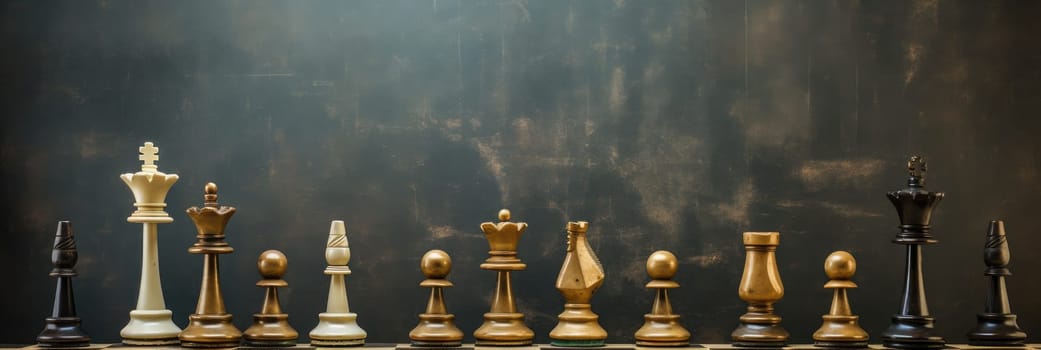 Checkerboard squares with chess pieces for backdrop. Generative AI
