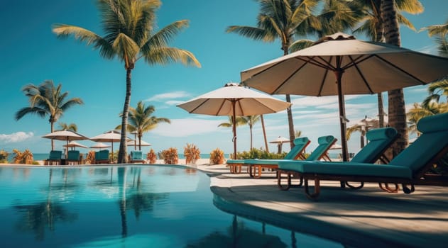 Luxurious swimming pool and loungers umbrellas near beach and sea with palm trees. Generative AI