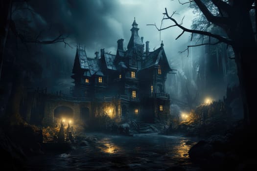 Old haunted abandoned mansion in creepy night forest. Halloween haunted house. Generative AI