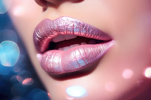 Close up of a girls lips with lipstick and glitter. Generative AI